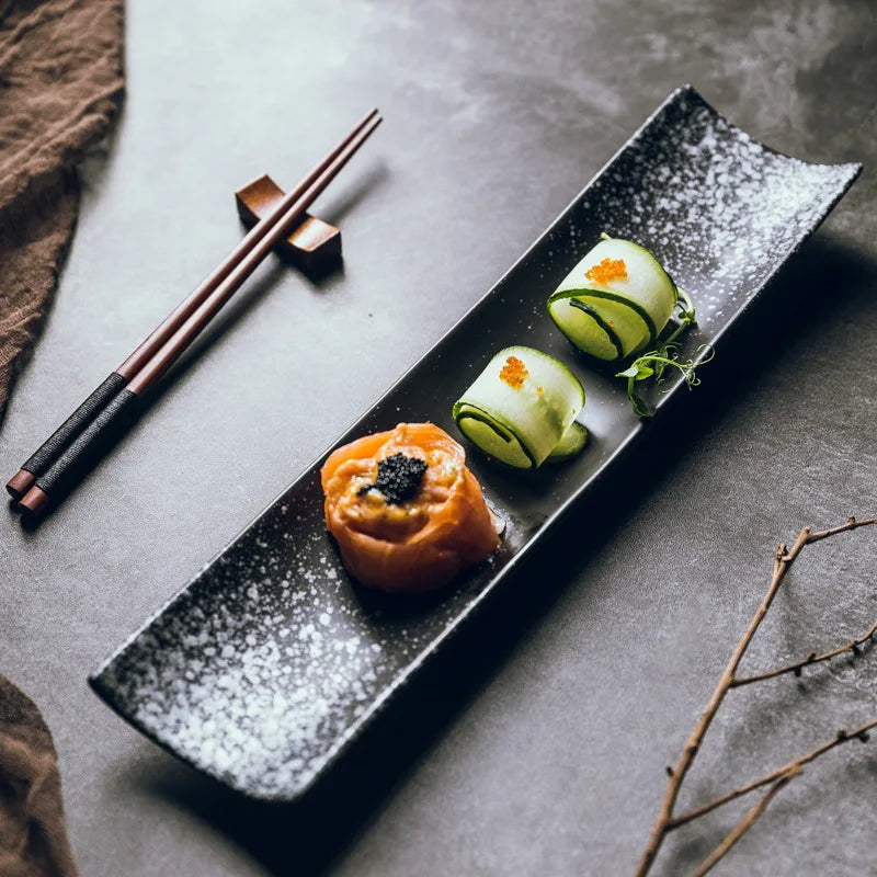 Plato rectangular creativo estilo japonés, plato para sushi, plato largo sencillo negro, suministros de vajilla para restaurante