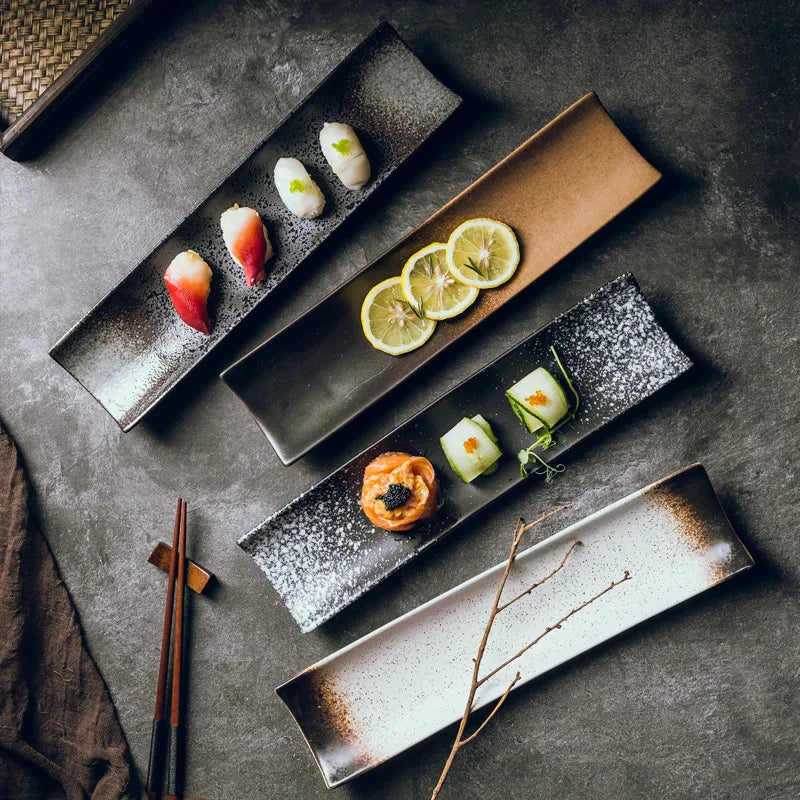 Plato rectangular creativo estilo japonés, plato para sushi, plato largo sencillo negro, suministros de vajilla para restaurante
