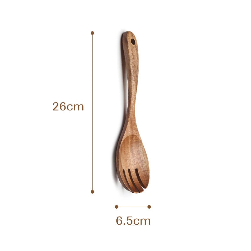 Juego de 2 piezas de cubiertos de madera para ensalada, cuchara y tenedor, kit de cuchara y tenedor para ensalada, utensilios de cocina con mango largo para servir ensalada