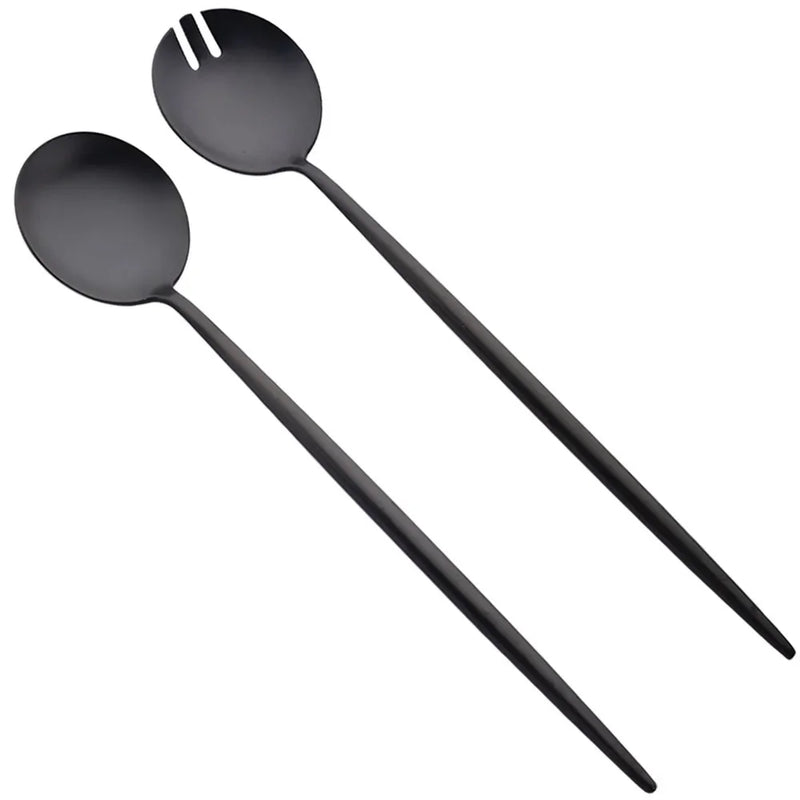 Juego de 2 cucharas de ensalada negras, cubiertos con mango largo, juego de ensalada de acero inoxidable, utensilios de cocina.