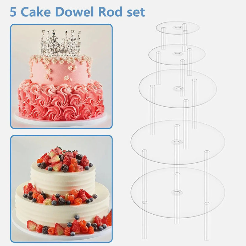 5 piezas de platos separadores de pasteles, bases para pasteles y 15 piezas de varillas de soporte de plástico para pasteles, reutilizables para pasteles de varios niveles para fiestas