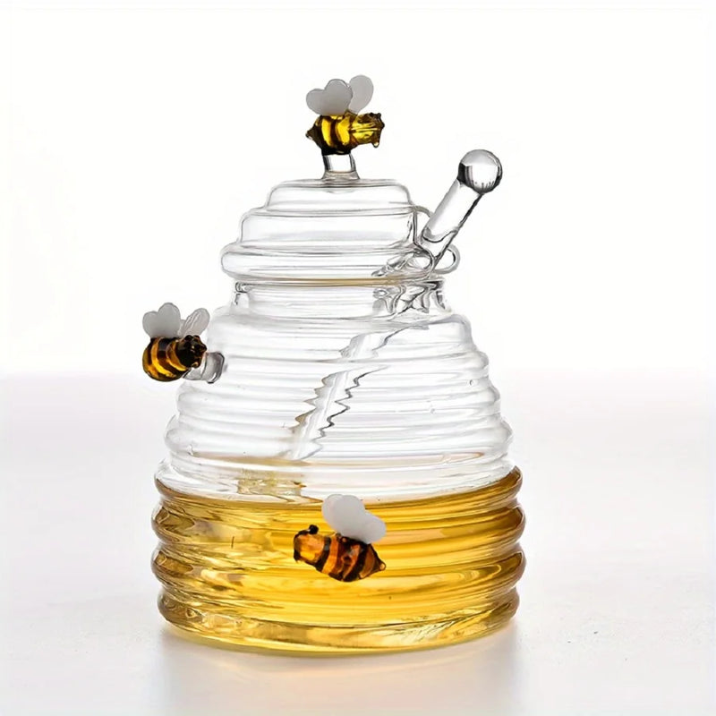 Tarro de miel de cristal con cucharón y tapa, tarro de miel decorativo con diseño de abeja, recipiente de cristal transparente de 14 oz para cocina