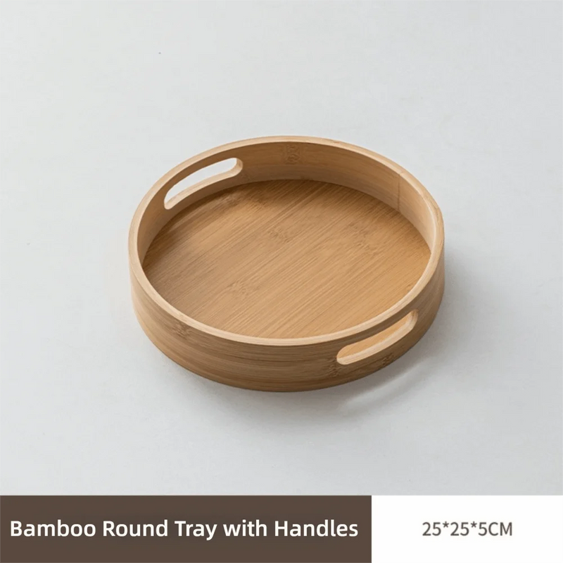 Nueva bandeja redonda de madera con asas para té y comida, 25/30/35/40 cm, bandeja de servicio para desayuno y cena