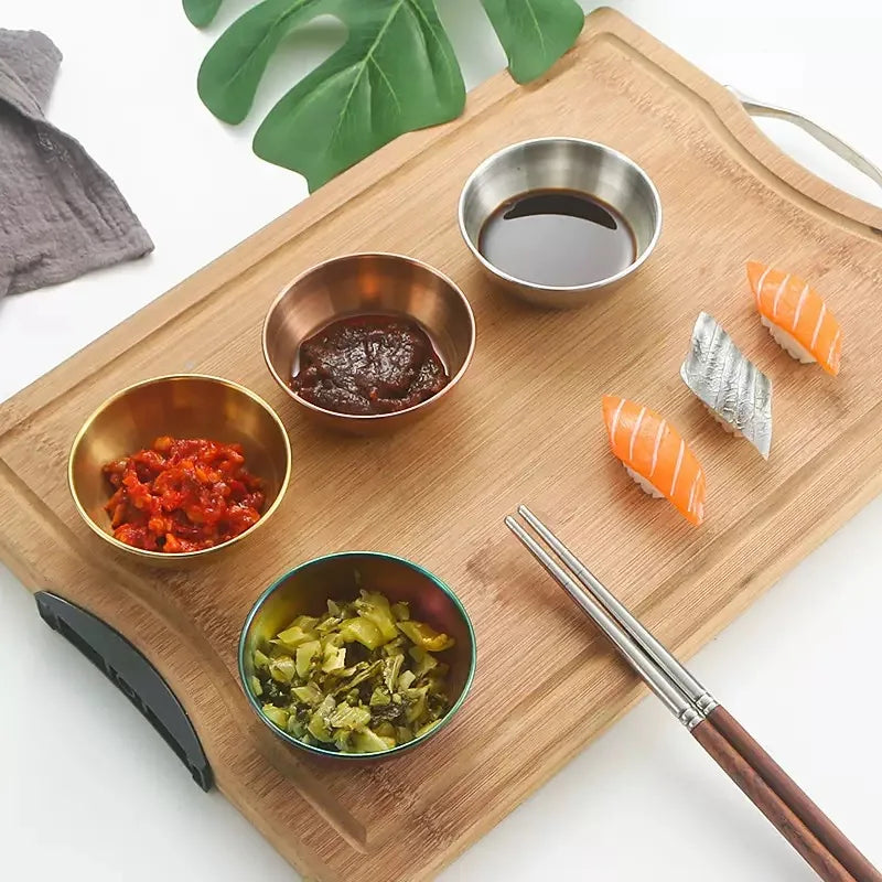 Plato para salsa de acero inoxidable estilo coreano, taza para salsa, taza para aderezo de ensalada, plato para mojar, plato para condimentos de comida occidental, 8 piezas