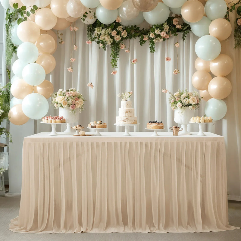 Falda de mesa de tul para mesa rectangular de 14 pies, falda de mesa con volantes semitransparente para decoración de manteles en banquetes, fiestas y bodas