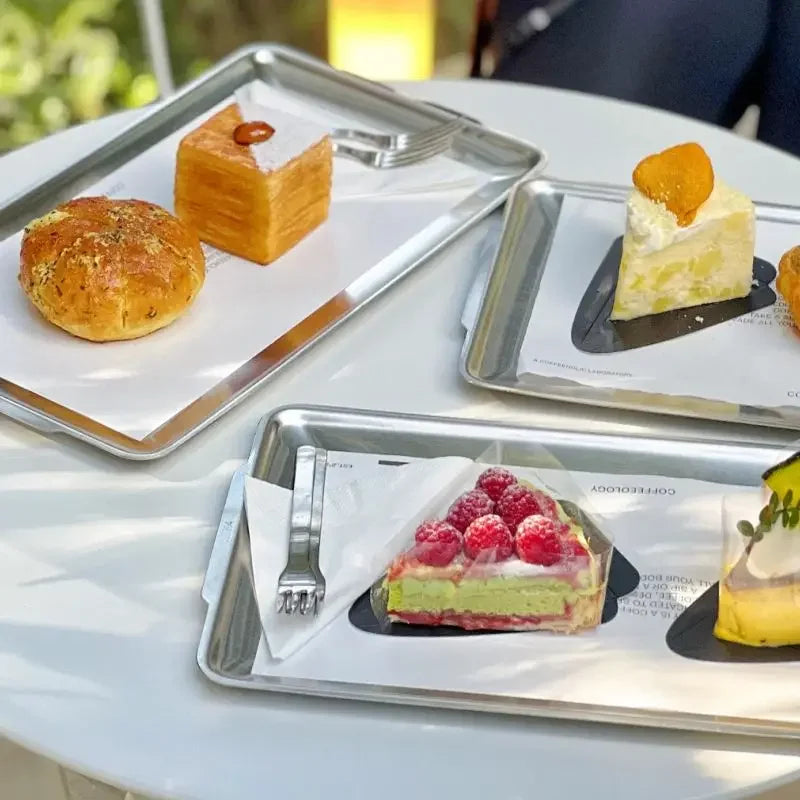 Plato de aperitivos de acero inoxidable, plato llano creativo para restaurante occidental, bandeja para frutas, pasteles, aperitivos y café, plato rectangular, vajilla