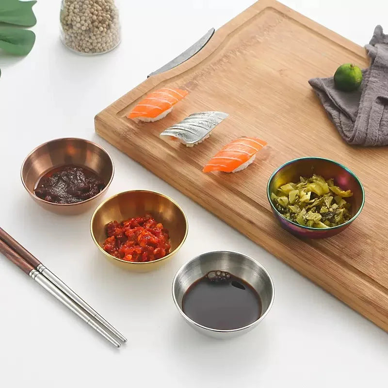 Plato para salsa de acero inoxidable estilo coreano, taza para salsa, taza para aderezo de ensalada, plato para mojar, plato para condimentos de comida occidental, 8 piezas