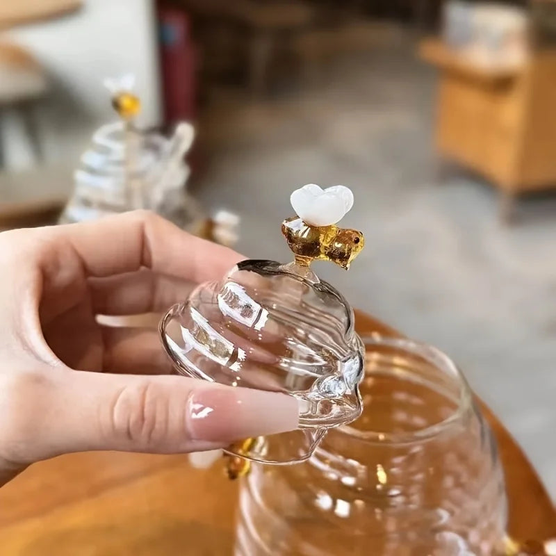 Tarro de miel de cristal con cucharón y tapa, tarro de miel decorativo con diseño de abeja, recipiente de cristal transparente de 14 oz para cocina