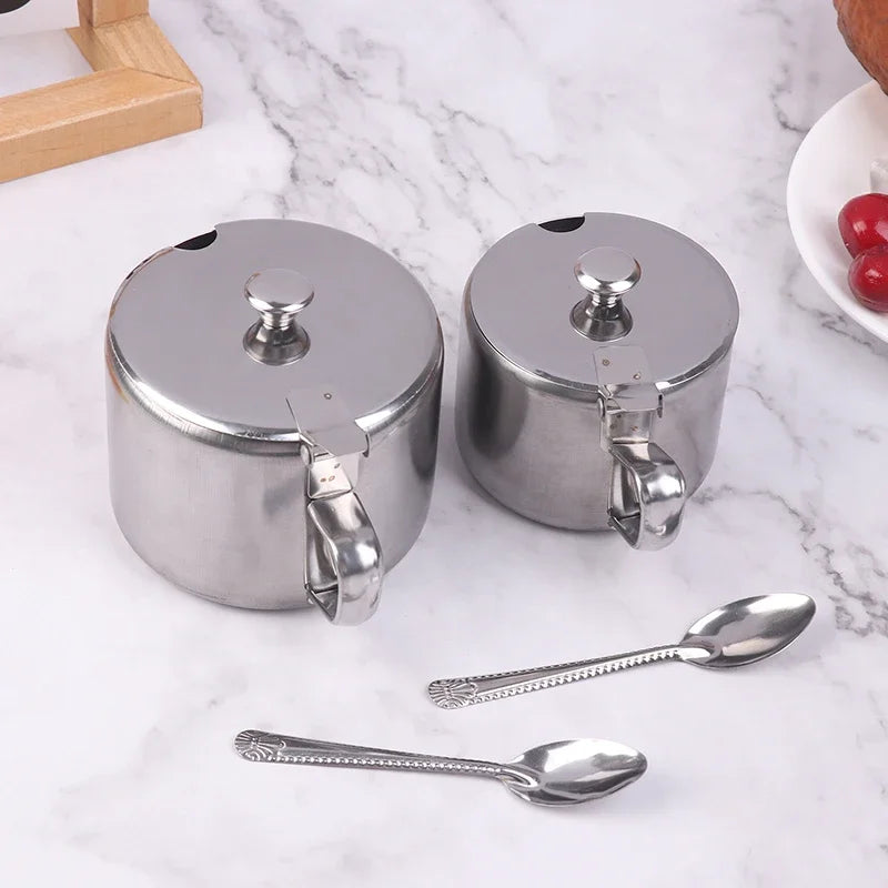 Azucarero práctico de acero inoxidable con tapa de asa y cuchara, recipiente para especias a prueba de polvo e impermeable para cocina y restaurante