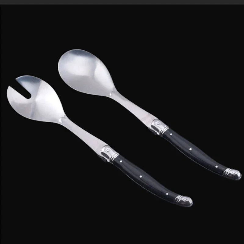 Juego de 2 cucharas para ensalada de acero inoxidable, estilo Laguiole, cubiertos para servir ensalada con mango de plástico efecto madera.
