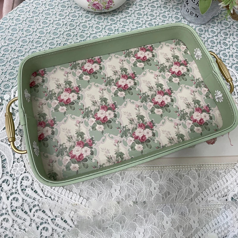 Bandeja de almacenamiento de cuero vintage con asas de metal dorado, estilo europeo exquisito, bandeja decorativa rosa, plato rectangular para pasteles, accesorios para fotografía.