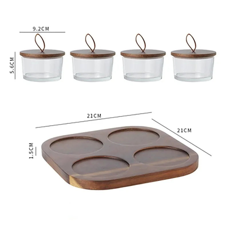 Plato de cristal para frutos secos, tarro de cristal japonés con tapa de madera, bandeja compartimentada para aperitivos, bandeja de aperitivos para el hogar