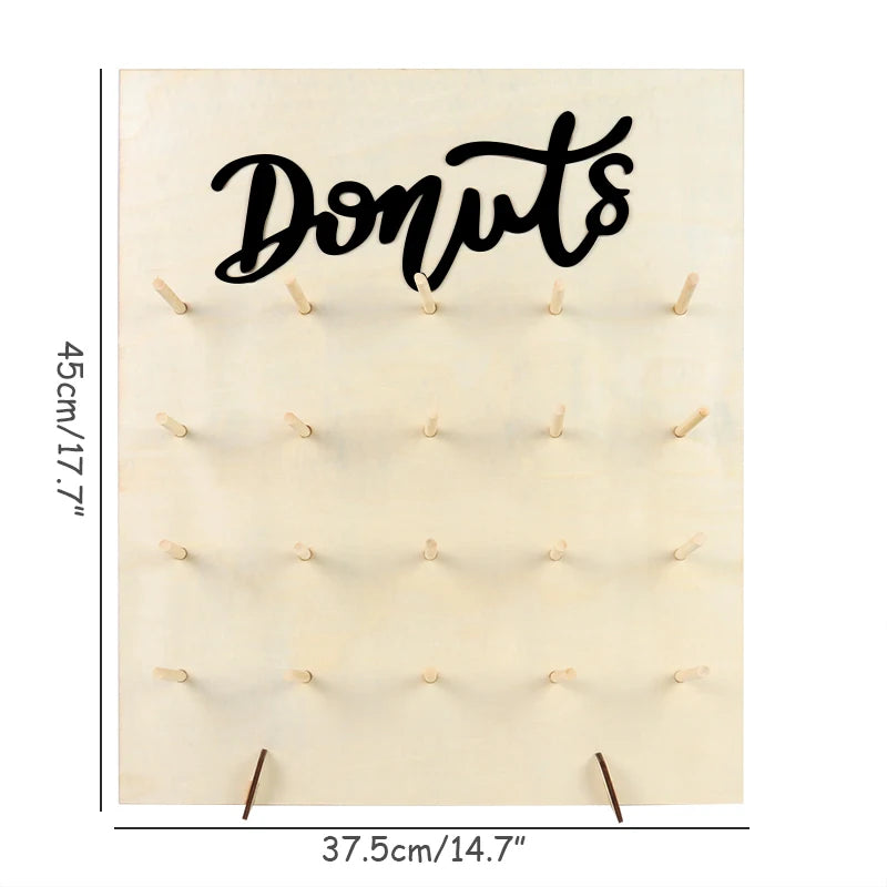 Soporte para donas, expositor de pared para donas, tablero de madera reutilizable con clavijas para despedidas de soltera, cumpleaños, bodas y decoración de mesas de fiesta