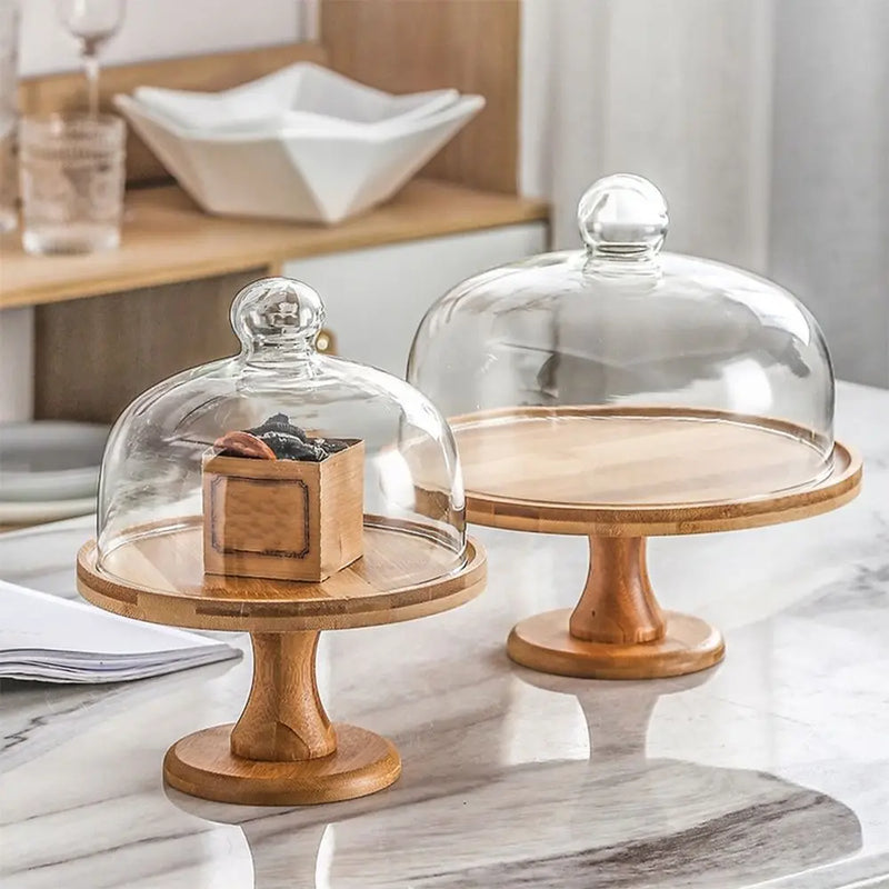 Présentoir Gâteau Bois Cloche Verre