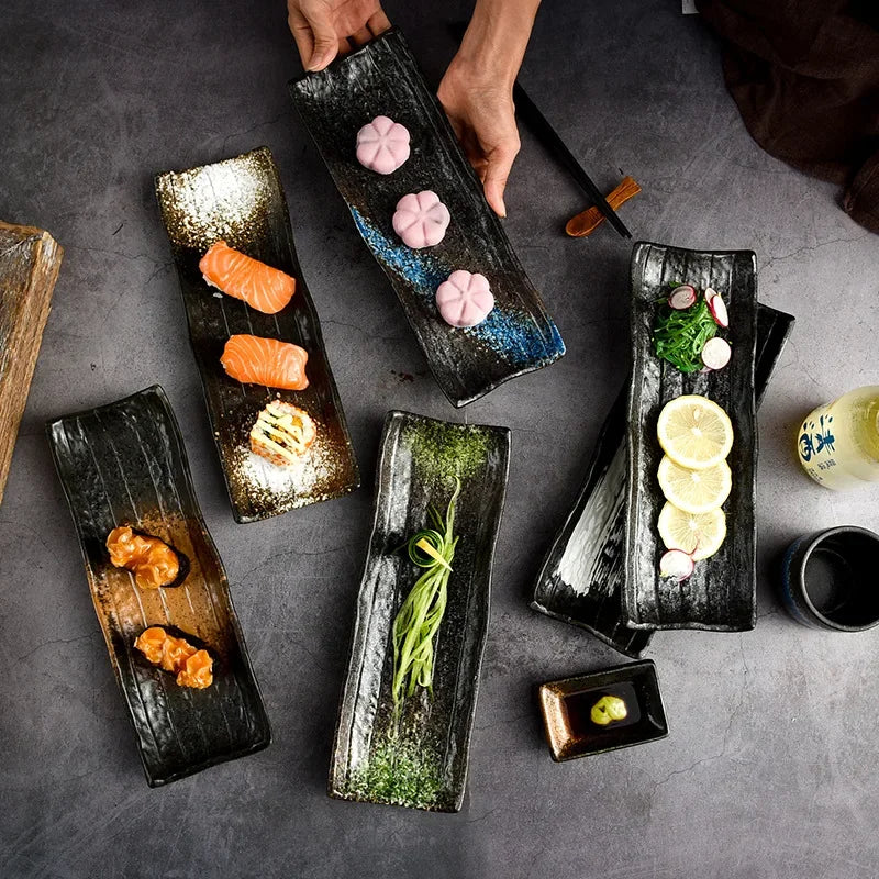 Plato de cerámica para barbacoa, carne, sushi, rayas negras, vajilla de cocina, cocina coreana, pescado saury, frutas, postres, plato para servir sushi