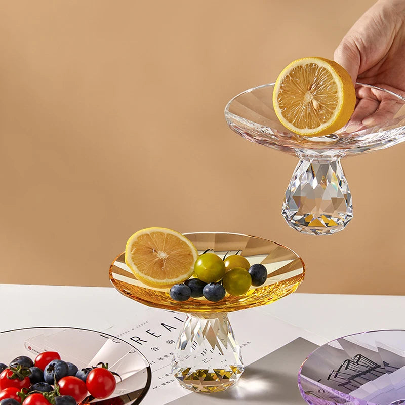 Plato de fruta de cristal transparente, bandeja con pedestal de lujo ligero para aperitivos y postres, bandeja de almacenamiento para entrada, plato decorativo para el hogar