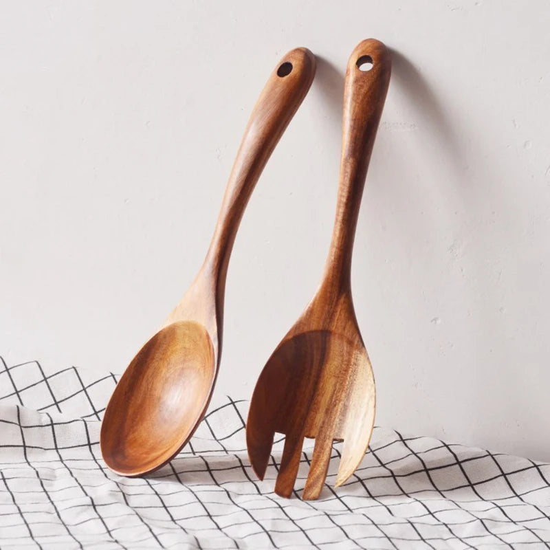 Set de 2 cubiertos para ensalada de acacia, juego de cuchara y tenedor de madera para ensalada - Utensilios de cocina