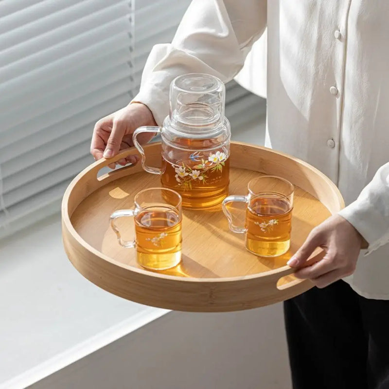 Nueva bandeja redonda de madera con asas para té y comida, 25/30/35/40 cm, bandeja de servicio para desayuno y cena