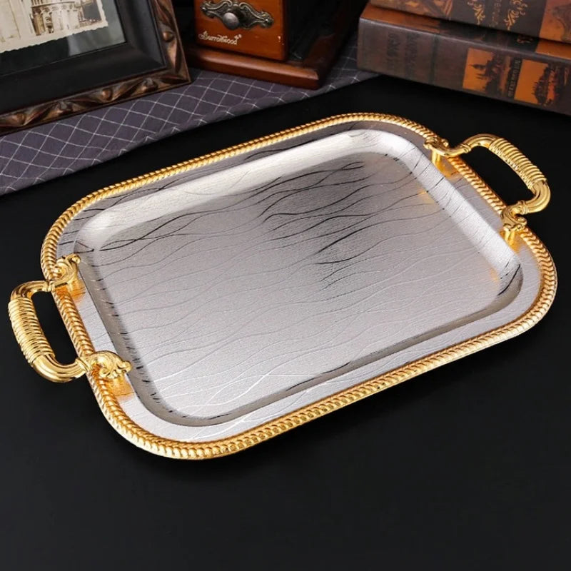 Bandeja de frutas, plato de metal para pasteles, disco portátil para aperitivos de superficie lisa plateada, organizador de frutos secos, decoración de escritorio para fiestas de boda