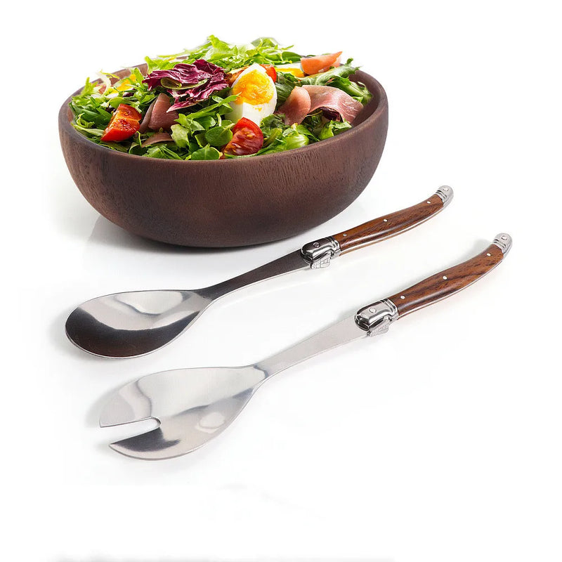 Juego de 2 cucharas para ensalada de acero inoxidable, estilo Laguiole, cubiertos para servir ensalada con mango de plástico efecto madera.
