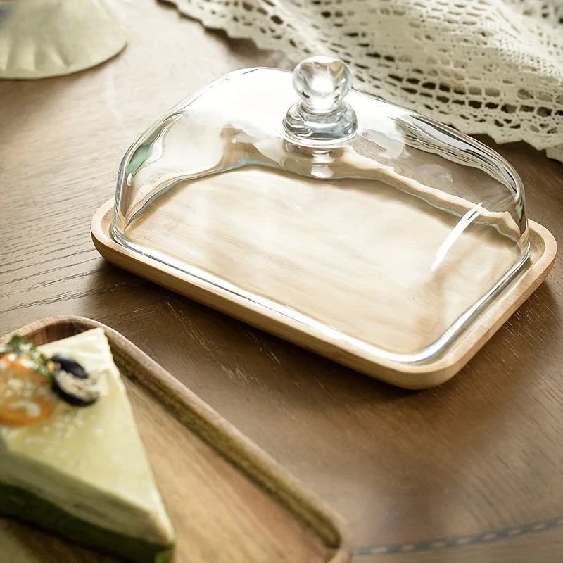 1 pieza Plato de madera para postres y pasteles con cubierta de vidrio, bandeja para servir, plato para restaurante, bandeja para queso, pudín, aperitivos y cocina