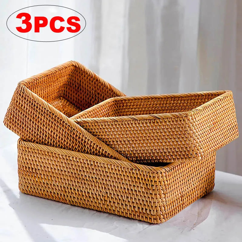 Cesta organizadora tejida a mano, cesta de mimbre, cesta rectangular de ratán, bandeja de almacenamiento, cesta para pan, frutas, picnic, caja de almacenamiento de cosméticos