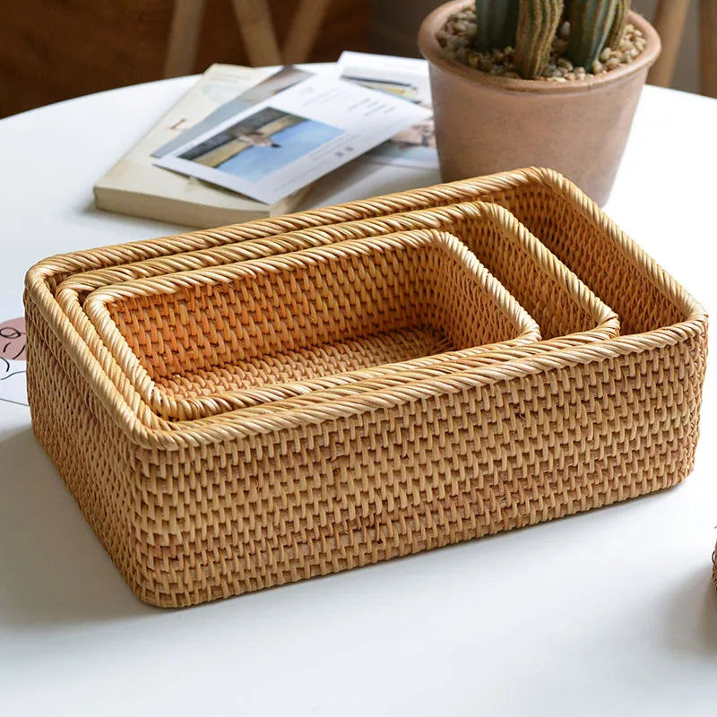 Cesta organizadora tejida a mano, cesta de mimbre, cesta rectangular de ratán, bandeja de almacenamiento, cesta para pan, frutas, picnic, caja de almacenamiento de cosméticos