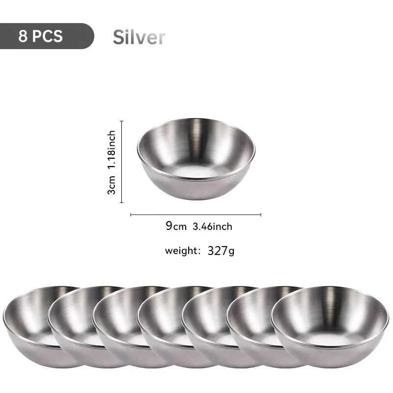 Plato para salsa de acero inoxidable estilo coreano, taza para salsa, taza para aderezo de ensalada, plato para mojar, plato para condimentos de comida occidental, 8 piezas