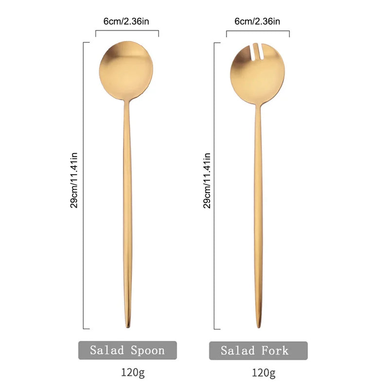 Juego de cubiertos para ensalada de 2 piezas, set de cubiertos dorados, cucharas, tenedores, mango largo, tenedor grande, juego de utensilios de acero inoxidable para servir.