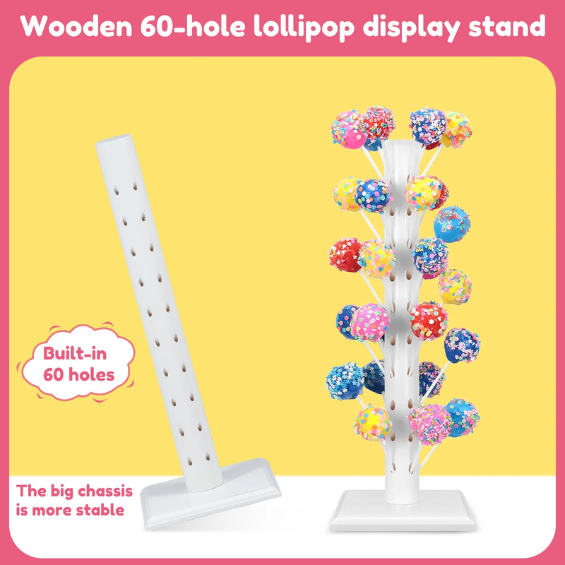 Soporte de madera para 60 piruletas, expositor de piruletas, soporte decorativo para mesa de dulces para baby showers, aniversarios y fiestas
