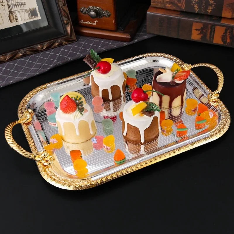 Bandeja de frutas, plato de metal para pasteles, disco portátil para aperitivos de superficie lisa plateada, organizador de frutos secos, decoración de escritorio para fiestas de boda