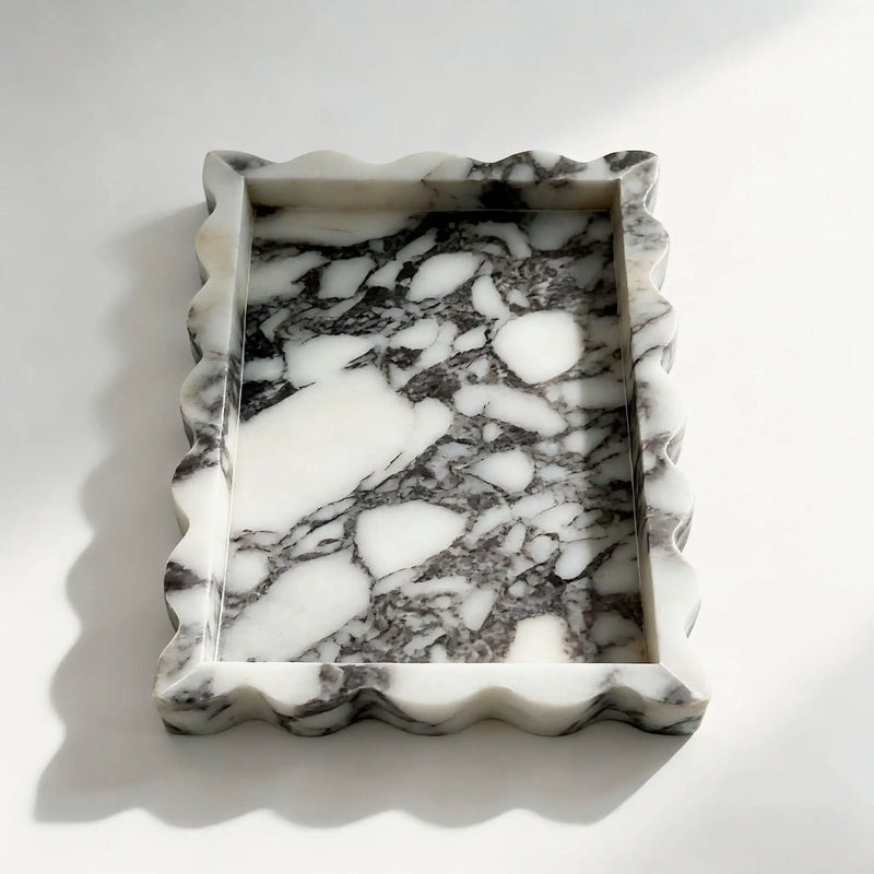 Bandeja de mármol decorativa para tocador, rectangular con borde festoneado, organizador de joyas y decoración para el hogar de piedra Calacatta Viola