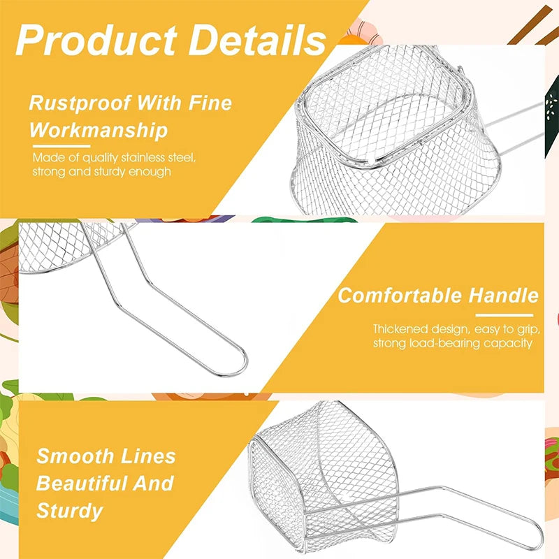 4 cestas de freír cuadradas mini de acero inoxidable, cestas para servir alimentos fritos con mango para aros de cebolla y aperitivos