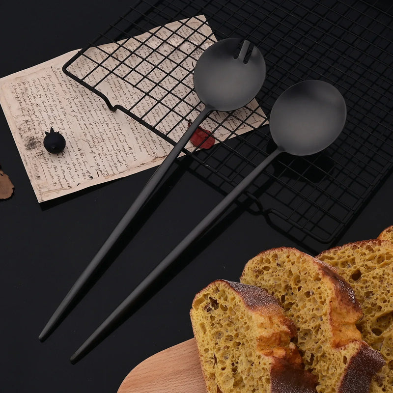 Juego de cubiertos para ensalada de 2 piezas, set de cubiertos dorados, cucharas, tenedores, mango largo, tenedor grande, juego de utensilios de acero inoxidable para servir.