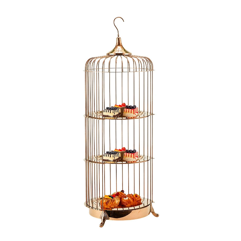 Expositor de postres para catering, té de la tarde, bufé dorado, jaula para pájaros, estante para presentación de comida