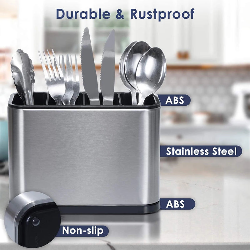 Organizador de cubiertos LMETJMA, escurridor de acero inoxidable para utensilios con 4 compartimentos divididos