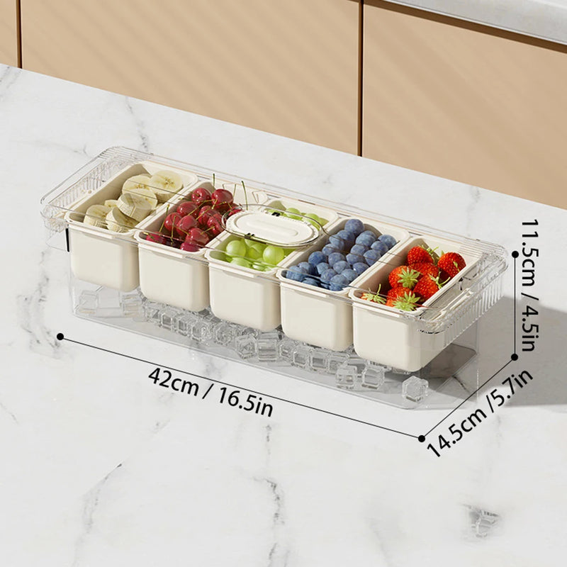 Organizador de condimentos refrigerado con 5 recipientes, servidor de frutas con tapas, bandeja para servir con compartimentos extraíbles