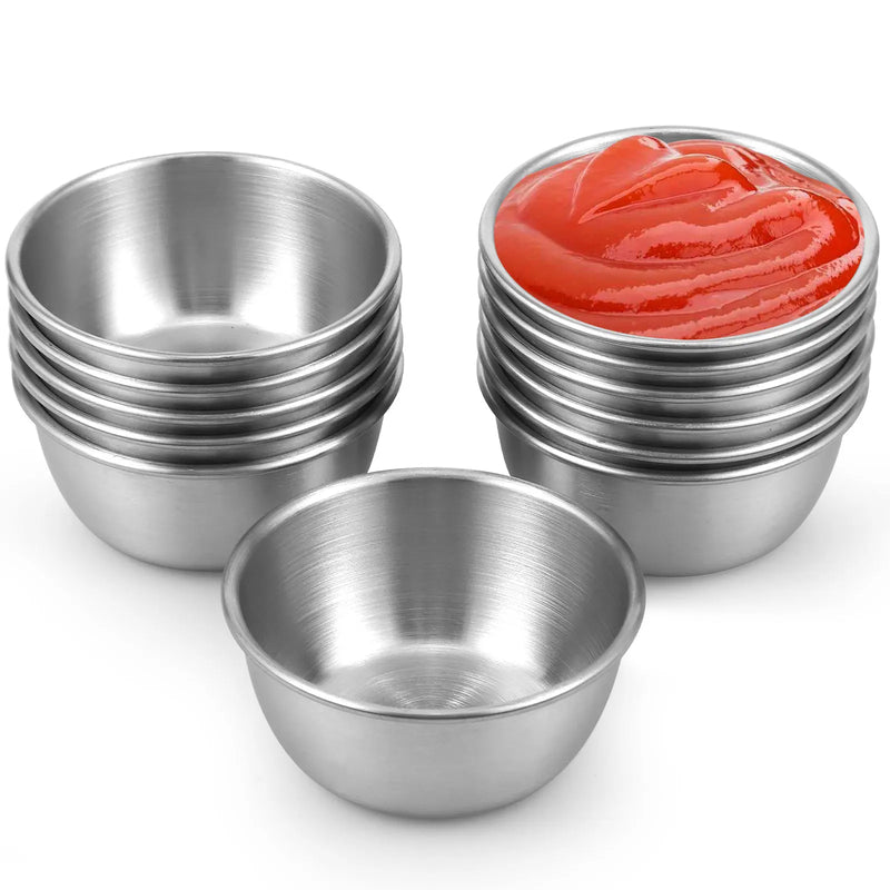 Juego de 12 cuencos para salsa de acero inoxidable 304, tazas para mojar redondas, recipientes para condimentos reutilizables de 45/55 ml