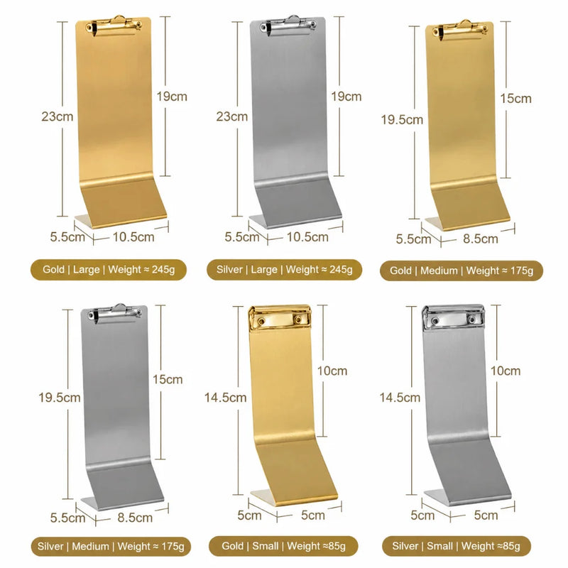 Soporte de clip para menú de acero inoxidable multifuncional, vertical, portátil, porta recibos, soporte para menú de mesa, para uso en escritorio
