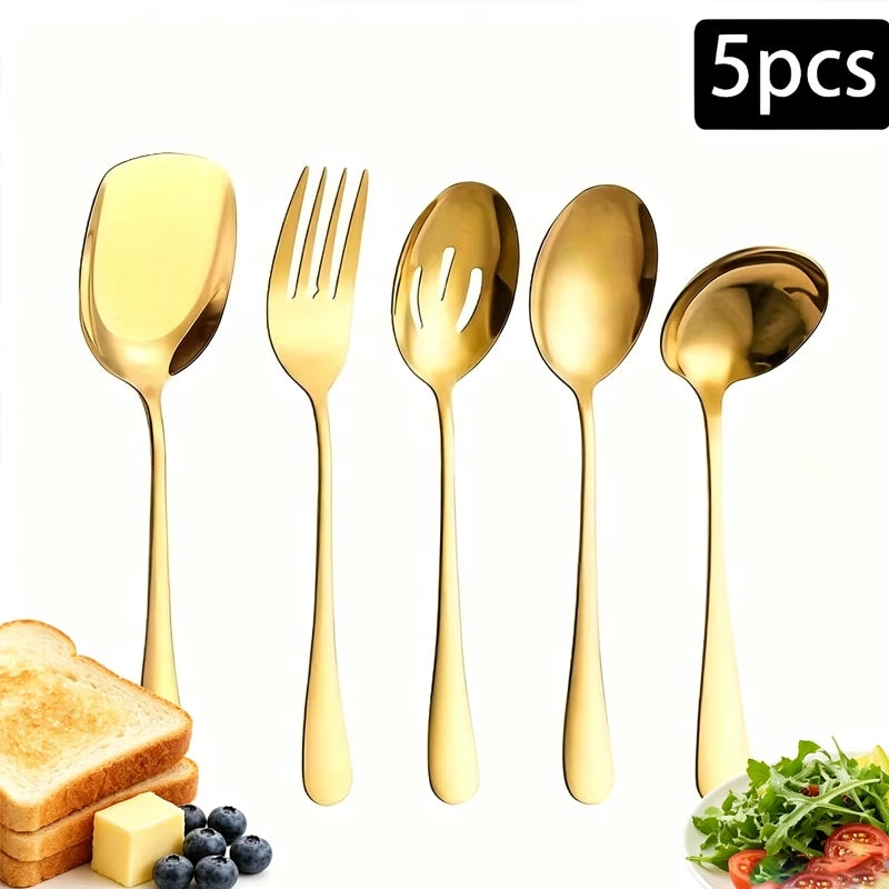 Juego de 5 cucharas y tenedores para servir de acero inoxidable 1010, vajilla grande para compartir, cubiertos multiusos para buffet, banquetes y catering.