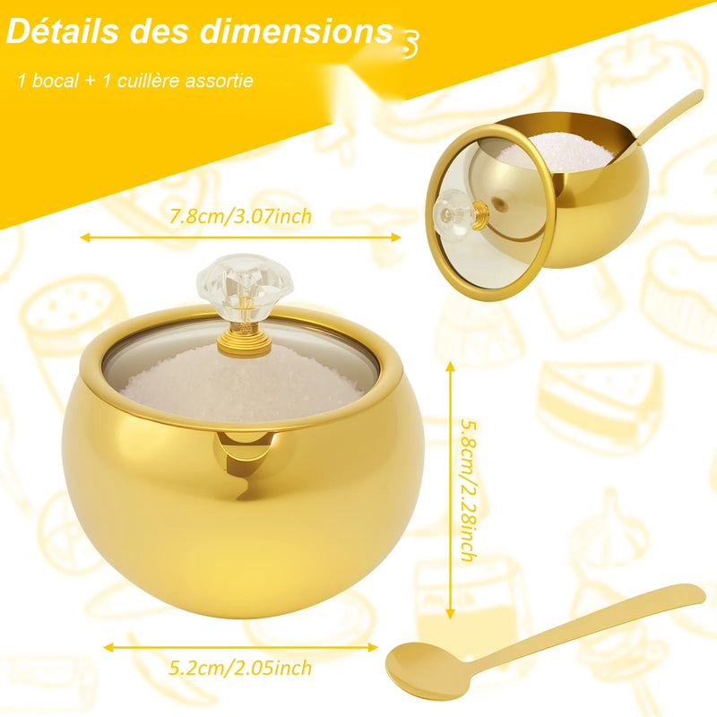 Sucrier inox doré, détails des dimensions 7,8 x 5,8 x 5,2 cm