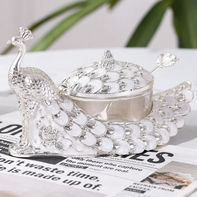 Azucarero, recipiente de aleación con forma de pavo real plateado con tapa, tarro para granos de café, tarros para azúcar y productos lácteos, utensilios de cocina