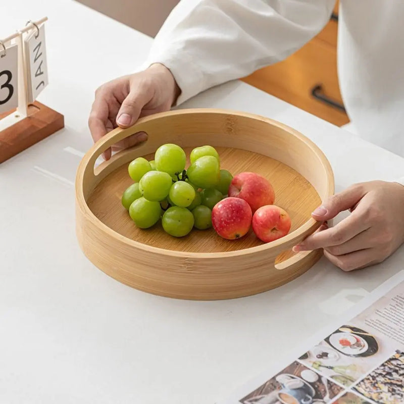 Nueva bandeja redonda de madera con asas para té y comida, 25/30/35/40 cm, bandeja de servicio para desayuno y cena