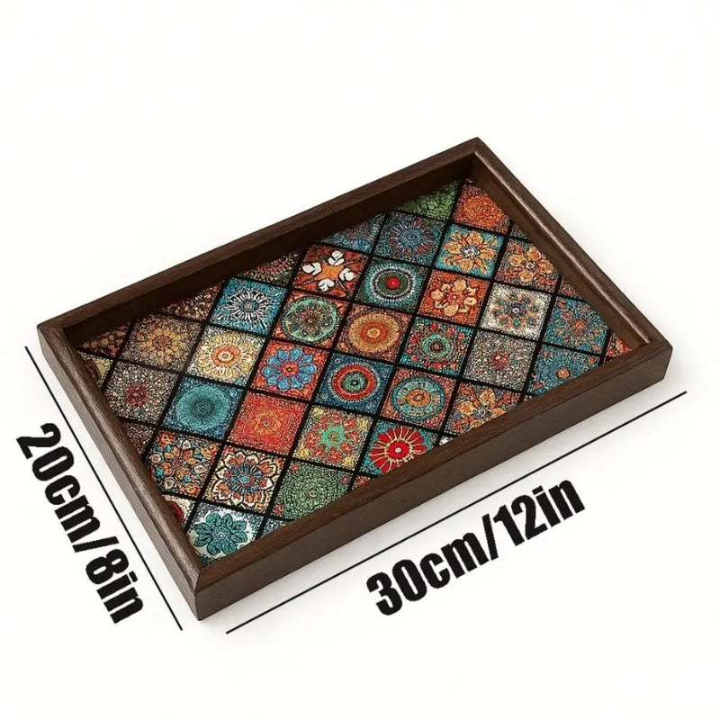 Bandeja de madera de estilo bohemio duradera, bandeja cuadrada hecha a mano para aperitivos de 30x20 cm, caja de almacenamiento para llaves, decoración de escritorio, recibidor y hogar