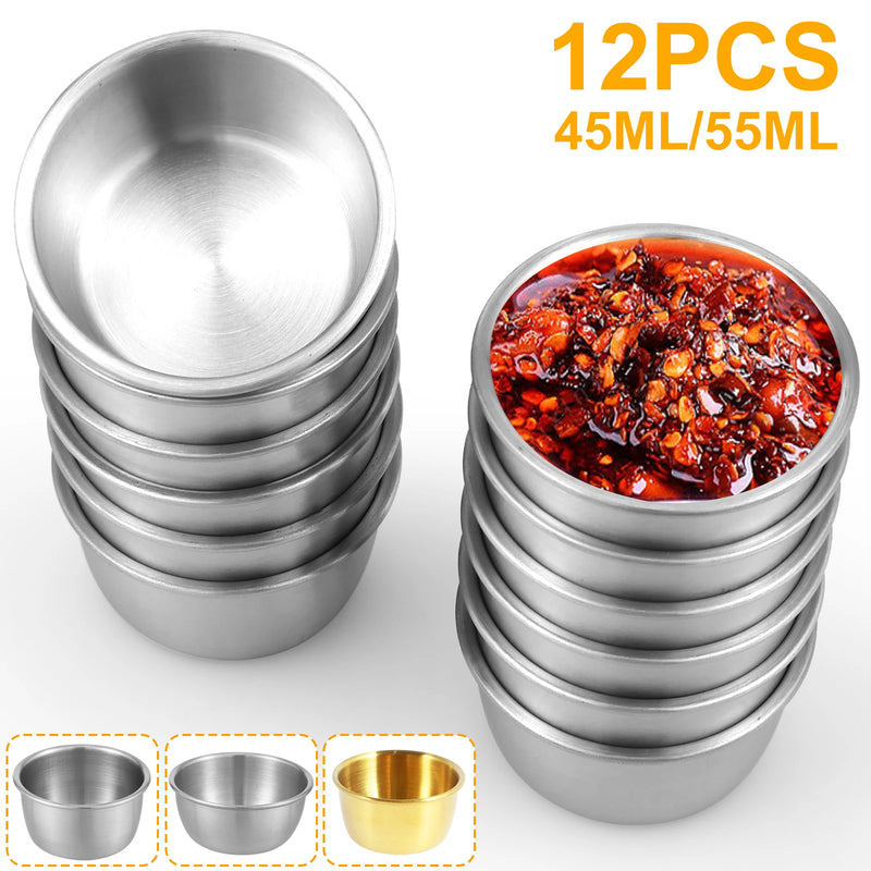 Juego de 12 cuencos para salsa de acero inoxidable 304, tazas para mojar redondas, recipientes para condimentos reutilizables de 45/55 ml