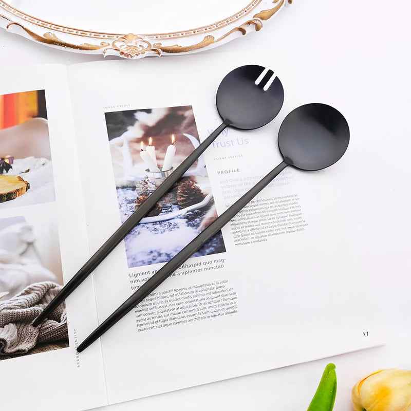Juego de 2 cucharas de ensalada negras, cubiertos con mango largo, juego de ensalada de acero inoxidable, utensilios de cocina.