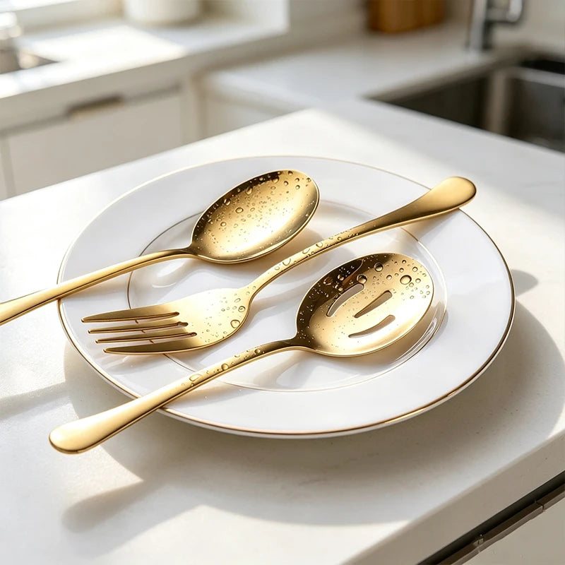 Juego de 5 cucharas y tenedores para servir de acero inoxidable 1010, vajilla grande para compartir, cubiertos multiusos para buffet, banquetes y catering.
