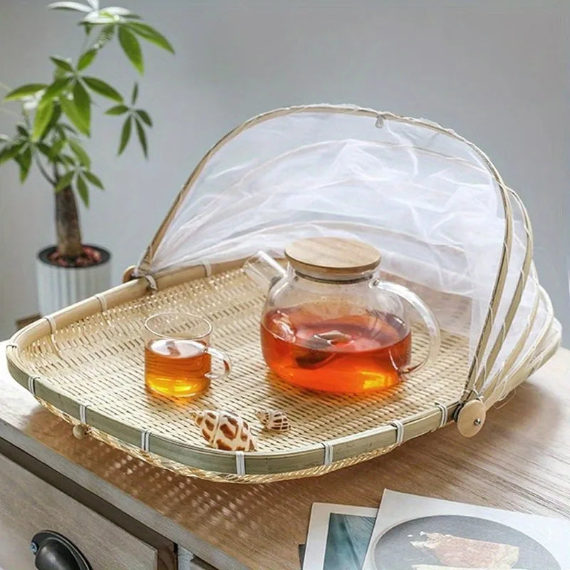Cesta de servicio de bambú tejida a mano con cubierta de malla: tienda de campaña redonda para picnic para un almacenamiento libre de polvo, perfecta para picnics en interiores y exteriores