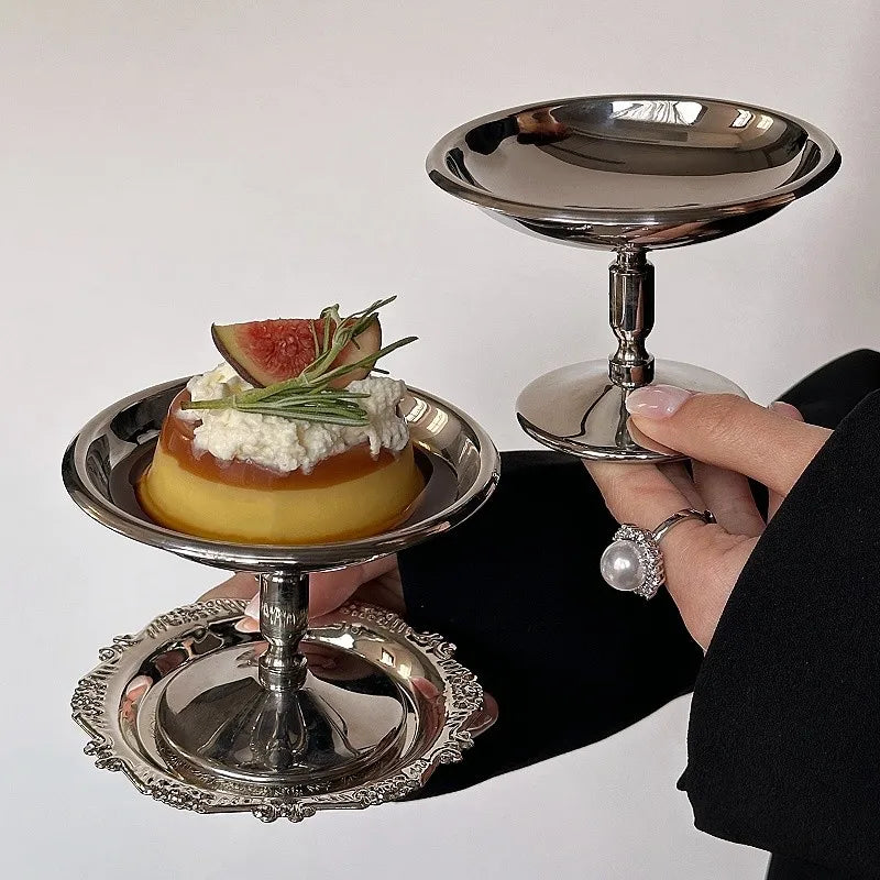 Plato de postre de acero inoxidable, bandeja para pasteles, taza de helado, taza alta, plato para té, bocadillos, pudín, frutas, platos bonitos, decoración de mesa