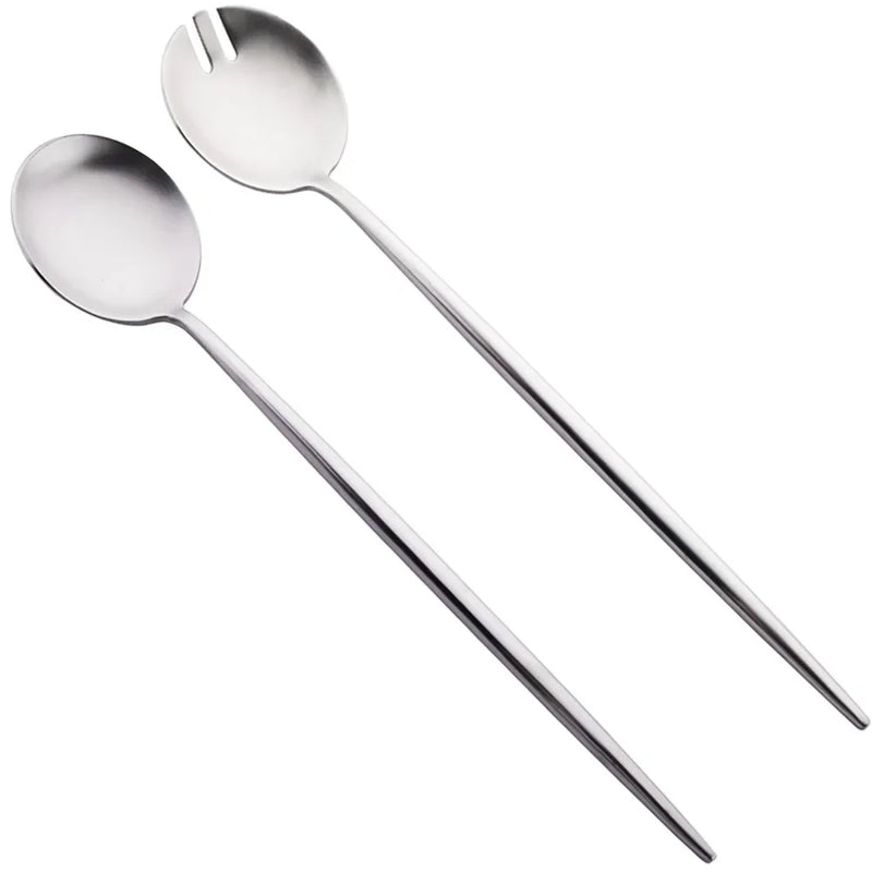 Juego de 2 cucharas de ensalada negras, cubiertos con mango largo, juego de ensalada de acero inoxidable, utensilios de cocina.